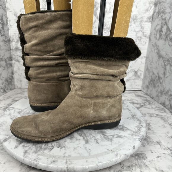 Stuart Weitzman Womans Fur Lined Slouch Mid Calf Boots Size 10 Taupe Brown Suede - Picture 8 of 10